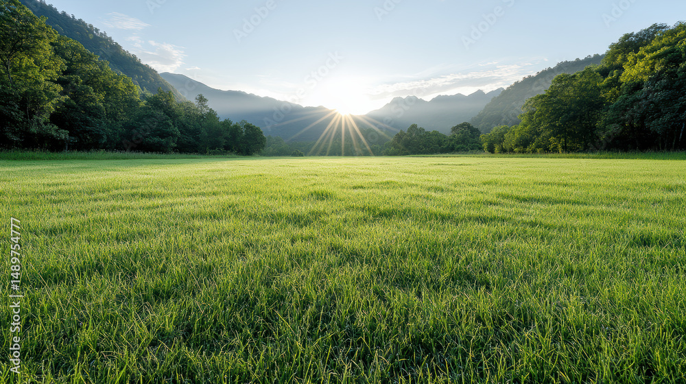 Fototapeta premium Lush green meadow with sunlight streaming through mountains, creating serene atmosphere