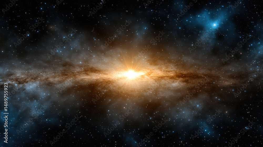 Naklejka premium Stunning cosmic scene featuring bright starburst center of swirling galaxy, surrounded by vast