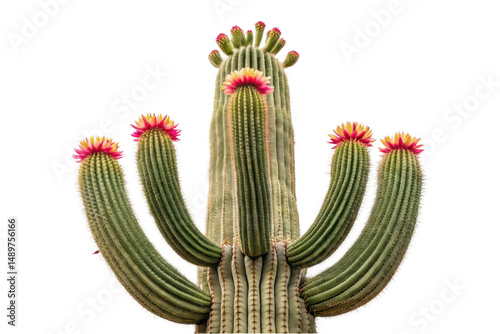 PNG Blooming saguaro cactus with vibrant pink and yellow flowers