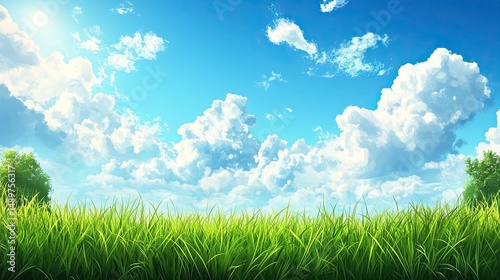 A refreshing vista of vibrant green meadow under a boundless blue sky dotted with fluffy clouds captured with