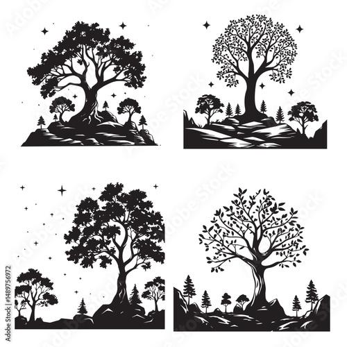 silhouette set of tree, black color only, on white background