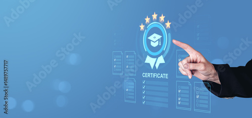 Hand touching digital certificate icon on transparent interface screen background.