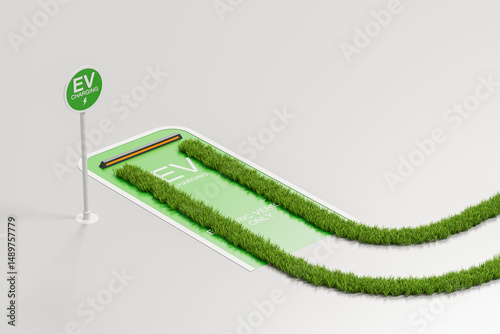 Fototapeta Naklejka Na Ścianę i Meble -  EV charging station parking space with green grass tire tracks symbolizing eco-friendly transportation concept on white background. 3D Rendering