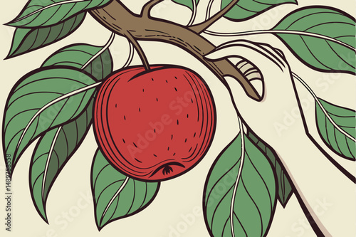 61 a close up of a ripe, juicy red apple being held in a human hand, lush green leaves surrounding the apple, detailed, high resolution, photorealistic
