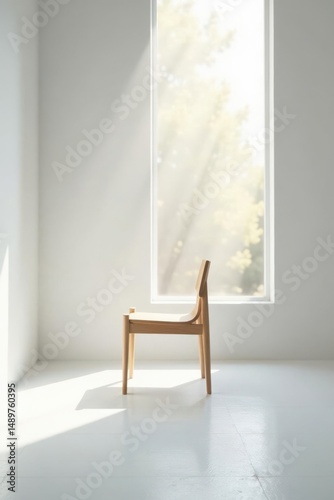 A light wooden chair sits in a sunlit minimalist room near a large window, peaceful and serene