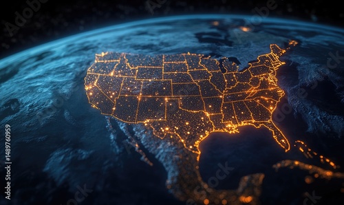 Illuminated USA on a globe. Night view of the United States with highlighted cities and states