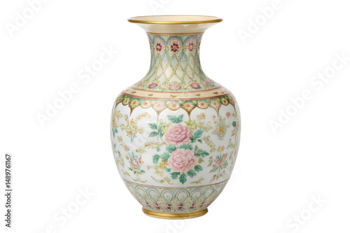 PNG Elegant floral ceramic vase with pink roses and gold detailing