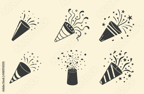 Confetti popper silhouette, Party horn vector, Celebration icon black
