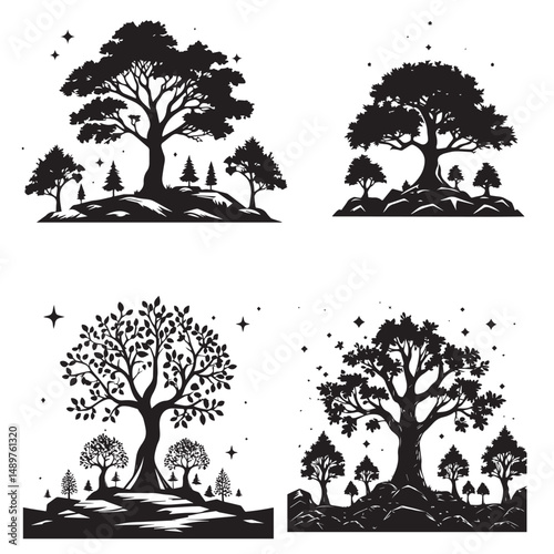 silhouette set of tree, black color only, on white background