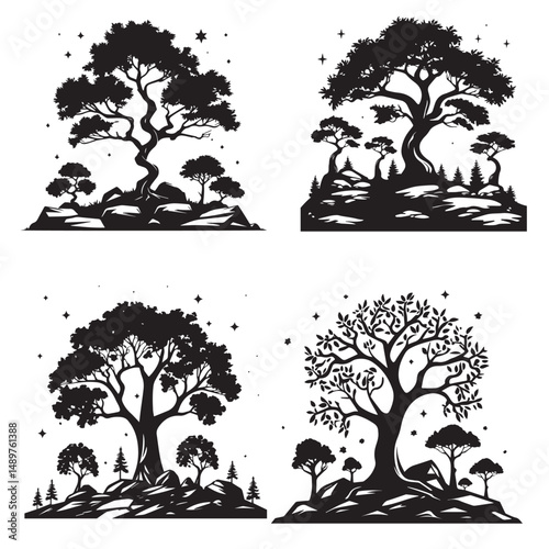 silhouette set of tree, black color only, on white background