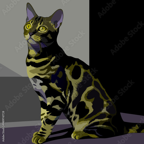 Exotic Bengal cat with a striking spotted coat, perfect for wildlife and pet art projects.
