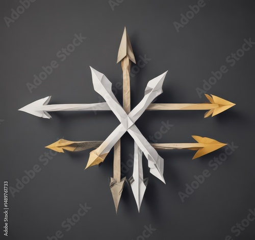 Intertwined paper arrows, contrasting directions, symbolic choice, origami, paper craft, journey