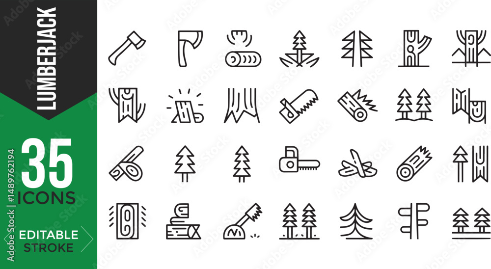 Naklejka premium Lumberjack Line Icons Set – Editable Vector Illustrations of Axe, Chainsaw, Timber, Logging, and More
