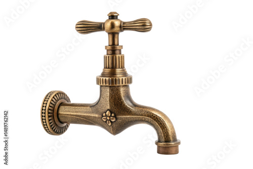 PNG Vintage brass water faucet with ornate design against black background