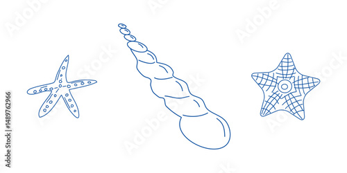Marine elements doodle style set in blue la dolce vita. Italian style. Undersea world. Menu design of postcard and poster. Vector illustration.