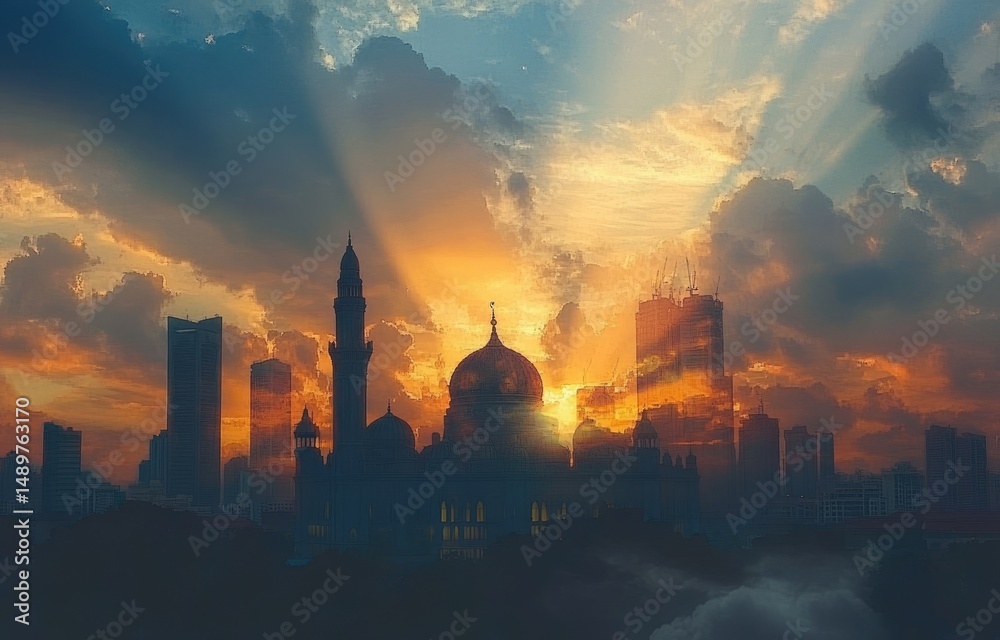 Fototapeta premium Majestic mosque at sunrise, silhouettes against a dramatic sky. Sunrise illuminates the city skyline