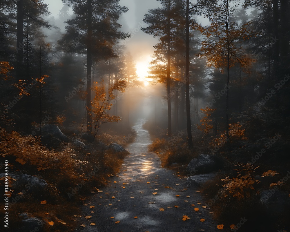 Fototapeta premium Misty autumn forest path at sunrise.