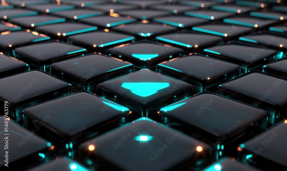 Fototapeta premium Abstract glowing cubes, teal highlight, technology background, digital art, website header