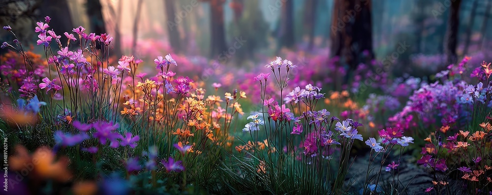 Obraz premium Blooming flowers in meadow with mystical nature and dreamlike gardens concept. Vibrant forest flowers blooming in the soft morning light.