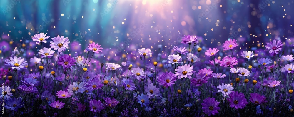 Obraz premium Blooming flowers in meadow with mystical nature and dreamlike gardens concept. Vibrant wildflowers blooming under soft sunlight in a serene setting.