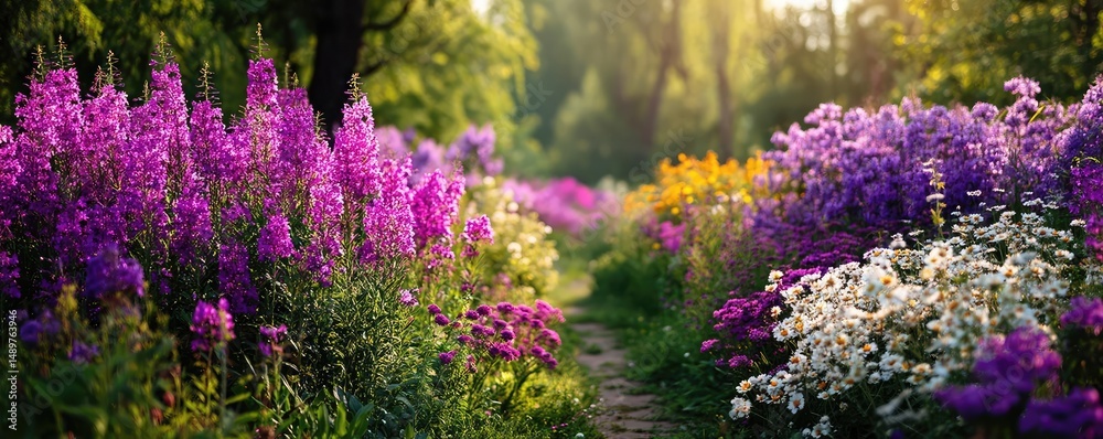 Naklejka premium Blooming flowers in meadow with mystical nature and dreamlike gardens concept. A vibrant path lined with colorful blooming flowers in a serene garden.