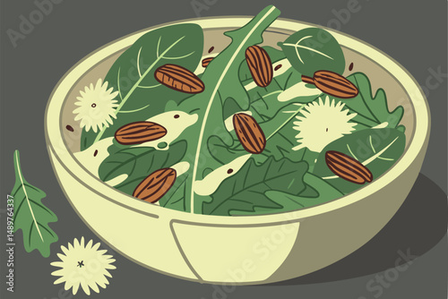 64 a leafy green salad with fresh spinach, dandelion greens, candied pecans, and a creamy vinaigrette dressing, served in a rustic ceramic bowl on a dark background with natural lighting