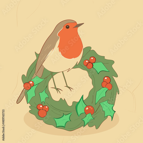Festive robin perched on a vibrant Christmas wreath, perfect for holiday décor and seasonal designs.