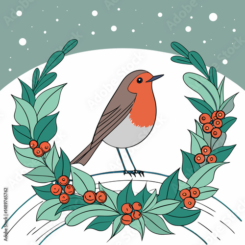 Festive robin perched on a vibrant Christmas wreath, perfect for holiday décor and seasonal designs.