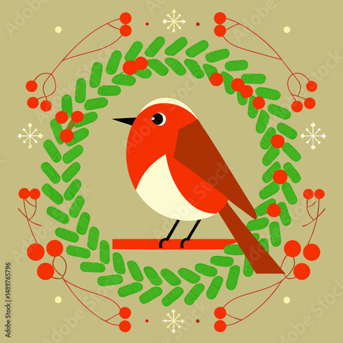 Festive robin perched on a vibrant Christmas wreath, perfect for holiday décor and seasonal designs.