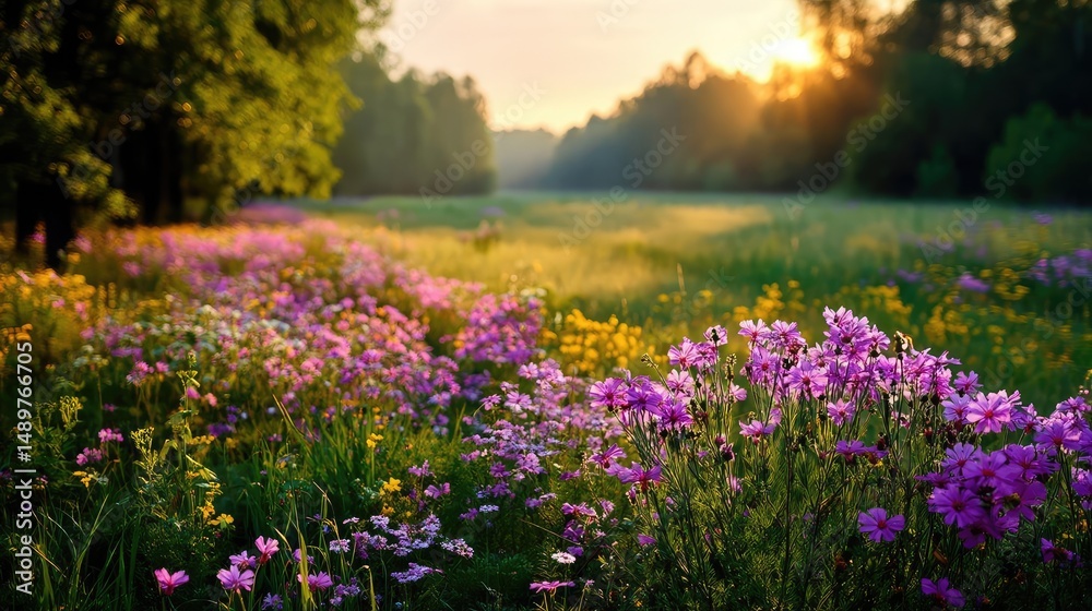 Obraz premium Blooming flowers in meadow with mystical tropical landscapes concept. Beautiful wildflower field illuminated by a golden sunset.