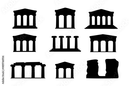 Classical Greek temple silhouette set vector illustration