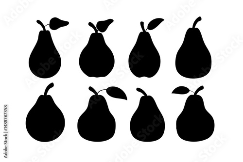 Minimalist pear with leaf silhouette set vector illustration