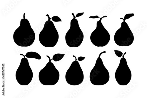 Minimalist pear with leaf silhouette set vector illustration