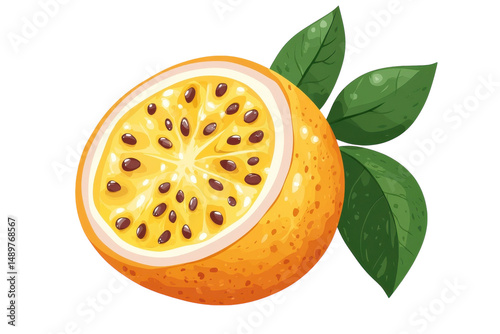 A vibrant juicy passion fruit slice revealing its sweet speckled interior alongside lush green on transparent background