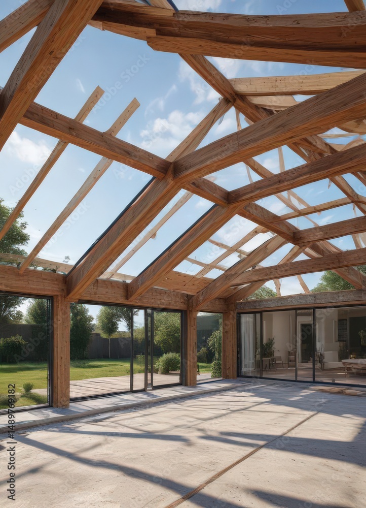 Fototapeta premium Modern home extension framing, new roof structure, materials, roof