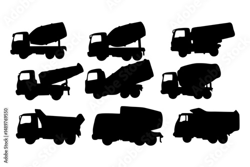 Concrete mixer truck black silhouette set vector illustration