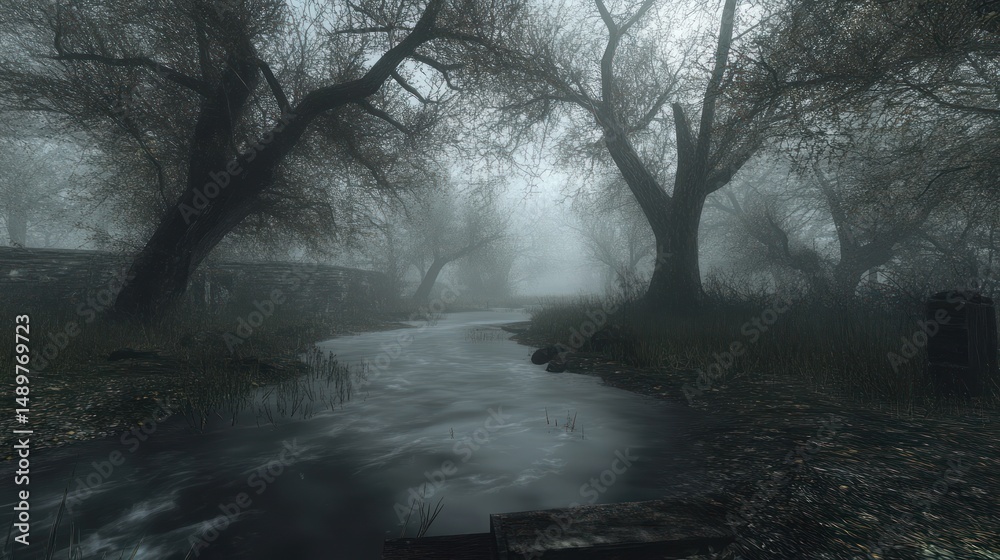 Obraz premium Foggy creek path, autumn woods, mystery, game background