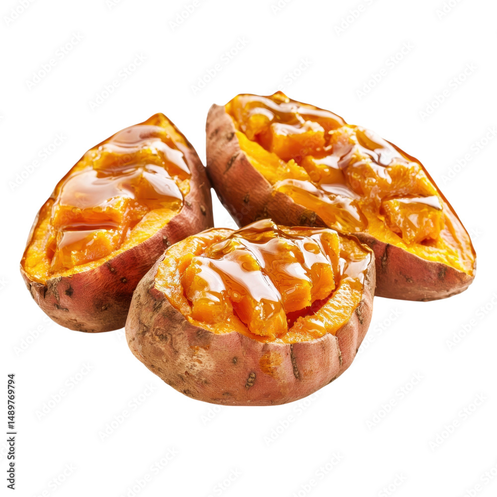 Fototapeta premium Three baked sweet potatoes split open and topped with a glossy syrup.