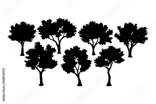 Cottonwood tree silhouette collection isolated on white vector illustration