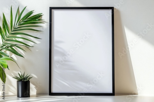 Empty black framed art print. Sunlight casts shadows on the wall