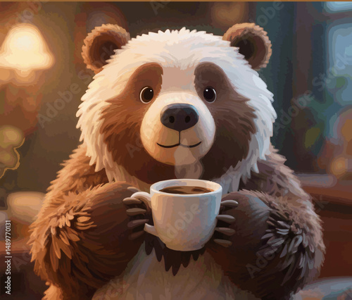 Cute Bear Enjoying a Warm Cup of Coffee