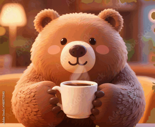 Cute Bear Enjoying a Warm Cup of Coffee