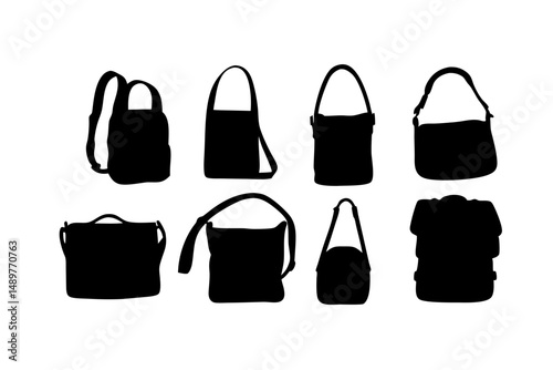 Messenger bag or shoulder bag black silhouette set vector illustration