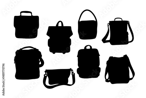 Messenger bag or shoulder bag black silhouette set vector illustration