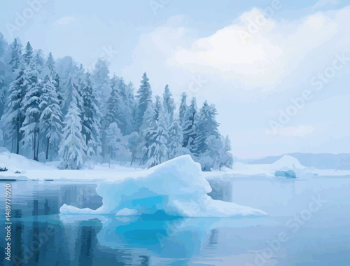 Frozen Landscape with Icebergs and Snow-Covered Forest
