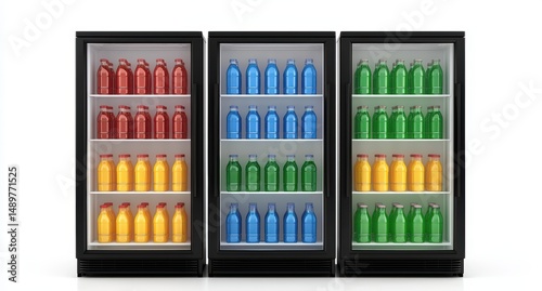 Colorful Beverage Bottles Displayed in Modern Refrigerators