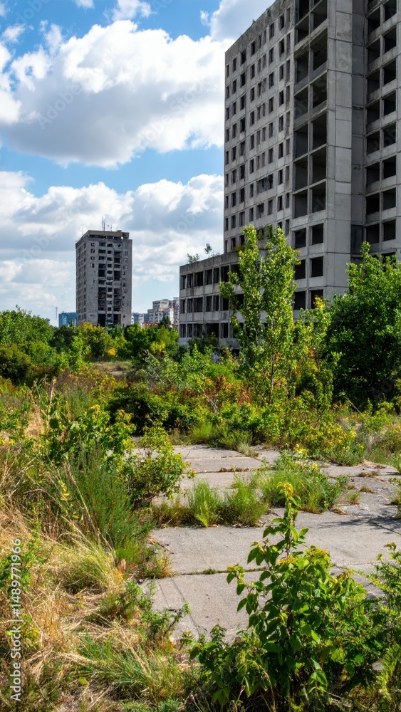 Abandoned City Skyline Being Reclaimed by Nature in Urban Area Abandoned City Skyline Being Reclaimed by Nature in Urban Area