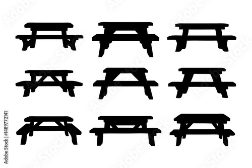 Picnic table with bench black silhouette collection vector illustration