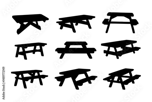 Picnic table with bench black silhouette collection vector illustration