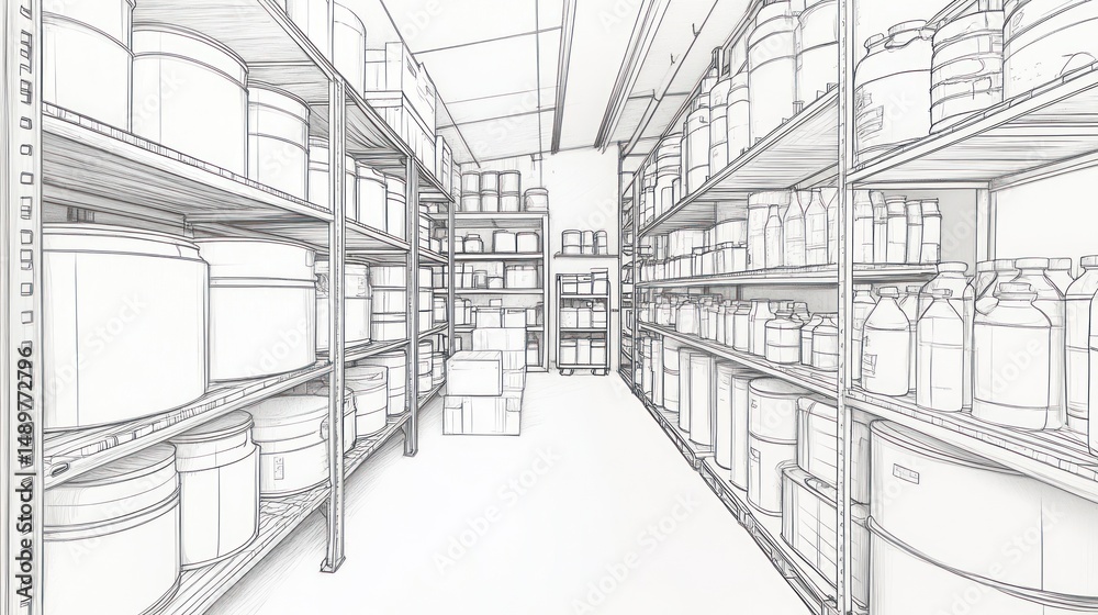 Fototapeta premium Warehouse aisle with shelves stocked with containers